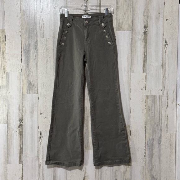 Revelation Denim - Revelation Denim Flare High Rise Button Dark Olive Wide Leg Jeans